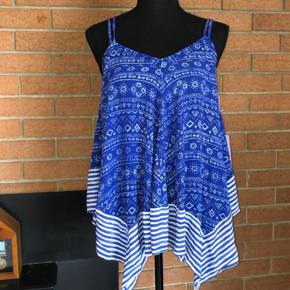 Blue Boho Bandana Print Flowy Tank Top Handkerchief Hem Strappy Medium - Picture 5 of 8